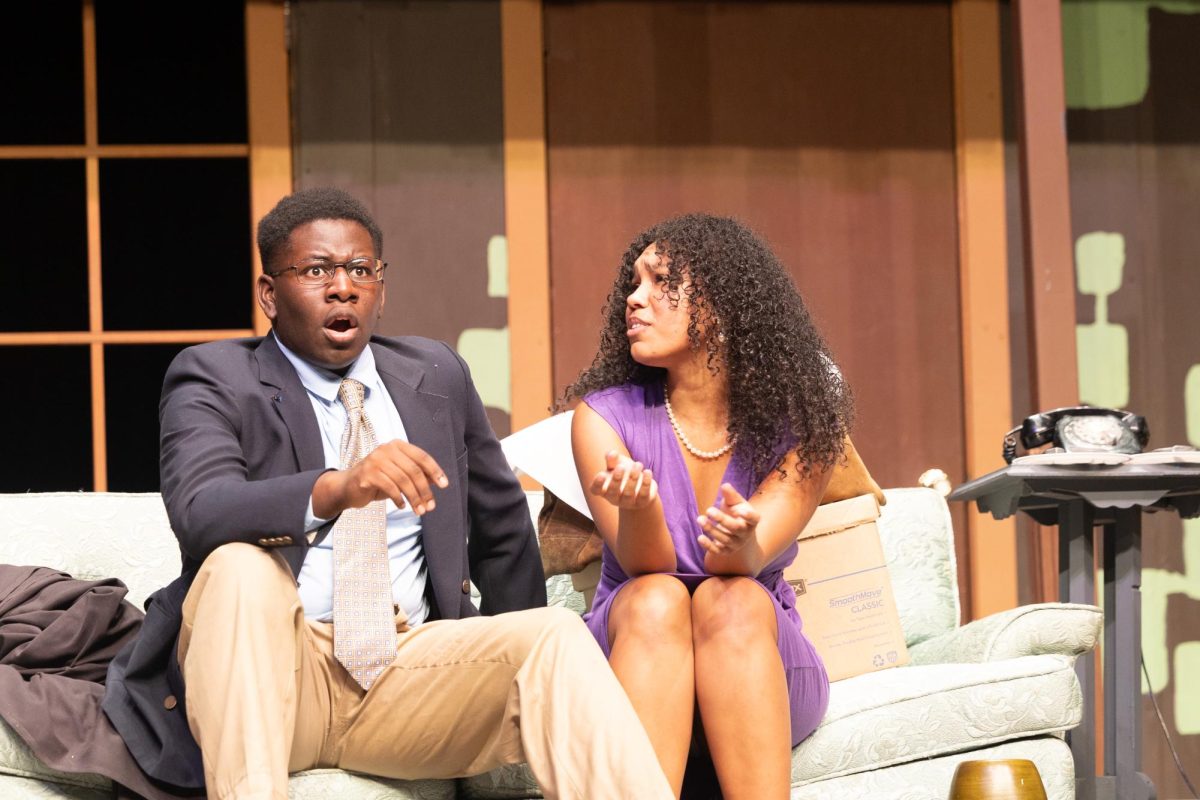 Junior Neveah Marshall and senior Justin Gentry rehearse their lines during the Noises Off dress rehearsal for the Tiger Theatre Company. Showings are Sept. 18 @ 7:00 p.m., Sept. 19 @ 7:00 p.m. and Sept. 21 @ 2:00 p.m. at the Sullivan Performing Arts Center. 