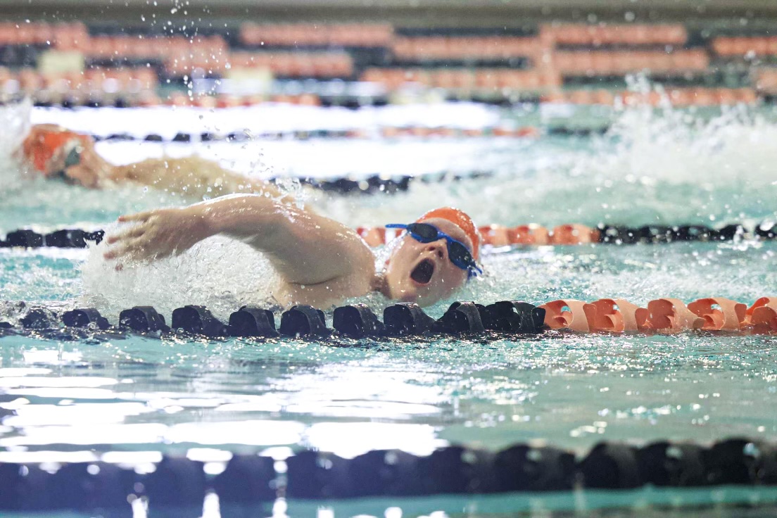 Sophomore Emma Byrd swims Freestyle a the Orange Black and White meet Sep. 25, 2024