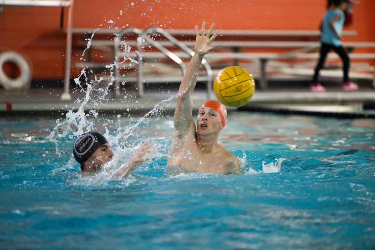 Junior Caleb Lauterbach tries to catch the ball in a recreational game of water polo after the swim meet's conclusion. On Sept. 20 the Tiger Sharks competed against one another during the annual Orange, black and white swim meet.  