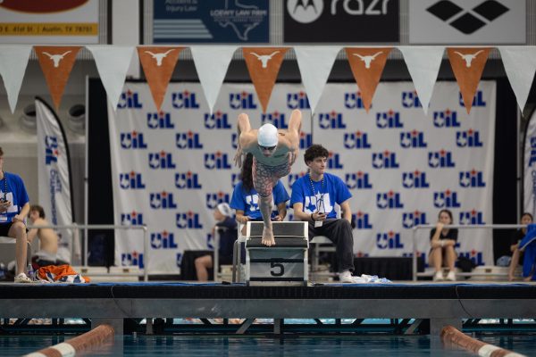 Senior Max Likins jumps off for the 200 Free at the UIL Swim State Finals, Feb. 22, 2025.