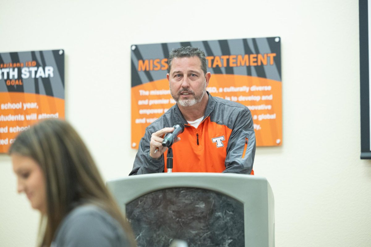 Bradley Irvin, Director of School Security and District Police Chief, presents a bullying-prevention initiative. On Feb. 5, 2025, the TISD Volunteers in Public Education members (VIPs) held a public town hall meeting at the TISD Services Building. 