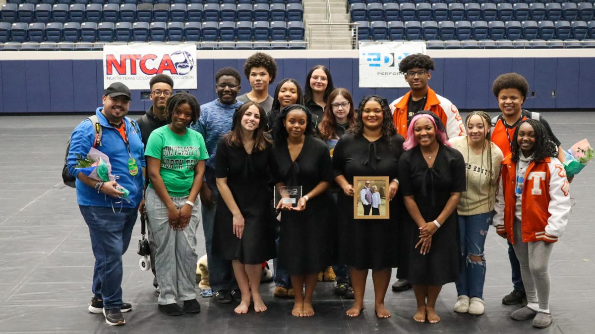 SUBMITTED PHOTO: Texas High's Winter Guard poses after their competition, having placed second in their class. On Feb. 23, 2025, the Winter Guard participated in the North Texas ColorGuard Association- Wylie East Competition.